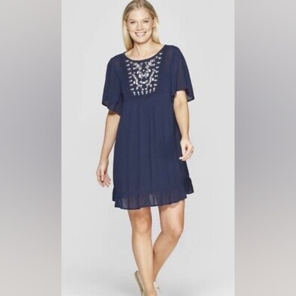⭐️40% Off⭐️ Knox Rose Navy Blue Boho Peasant Embroidered Dress - Picture 1 of 11